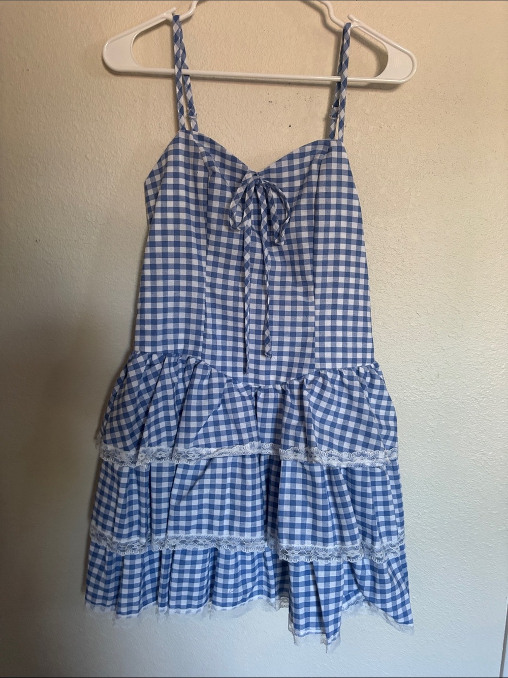 Blue Gingham Tiered Sundress with Lace Trim - women
